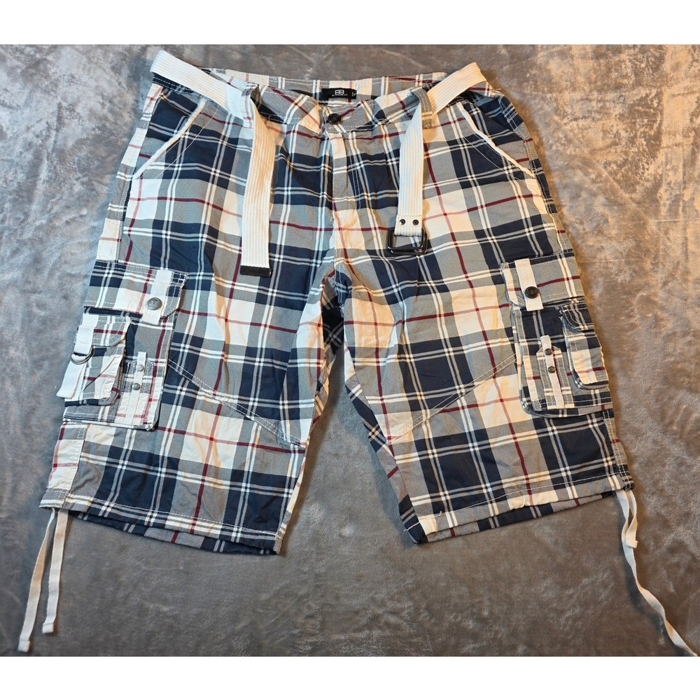 Benjamin Black Cargo Shorts Men 40 Blue Plaid Belted Cotton Multi-Pocket